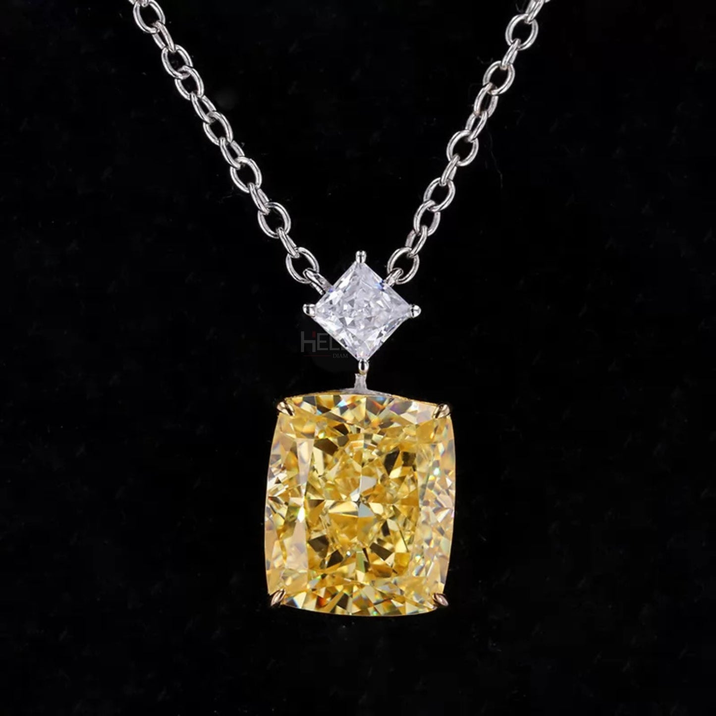 Yellow sapphire and princess moissanite necklace in elongated cushion cut – vibrant and modern pairing

