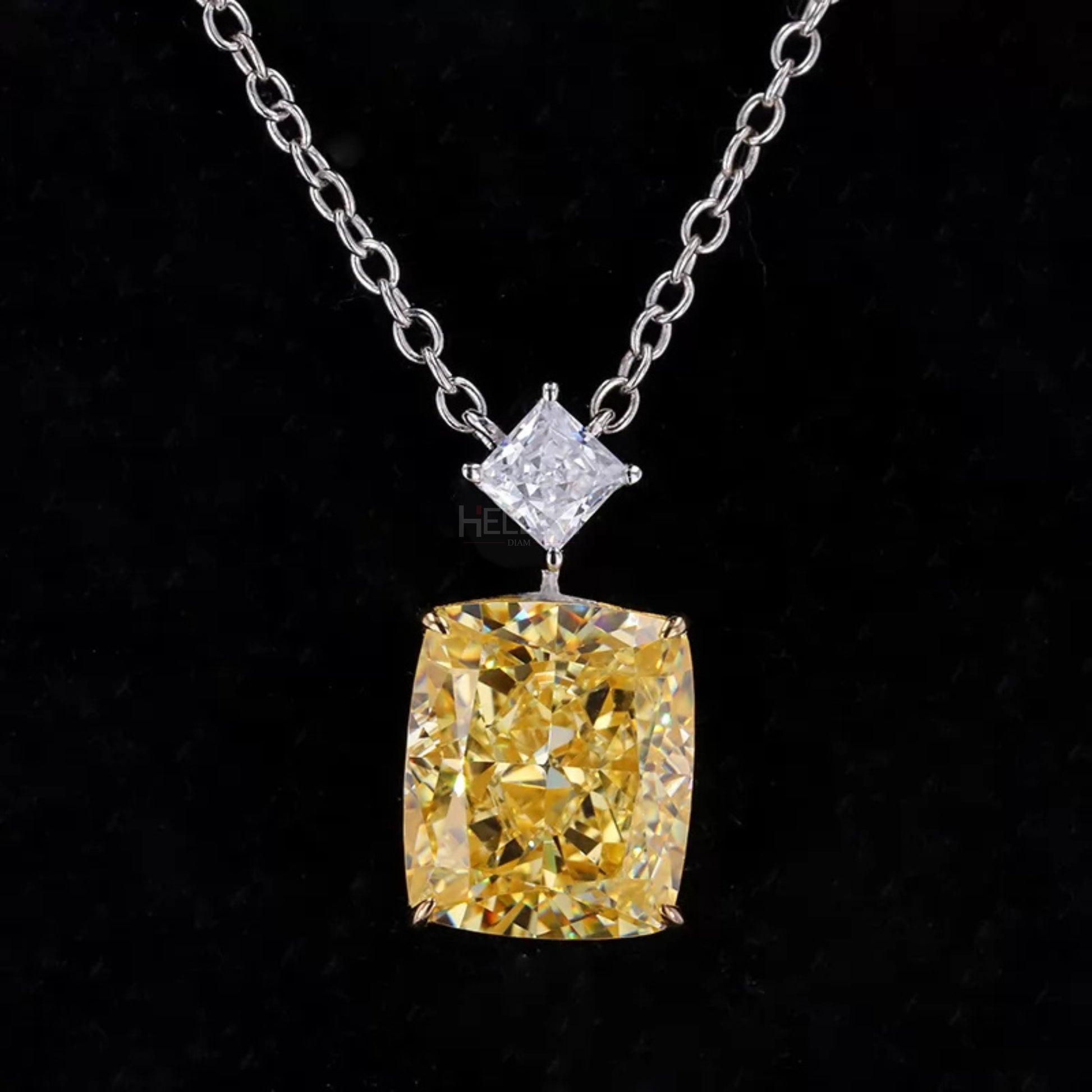 Yellow sapphire and princess moissanite necklace in elongated cushion cut – vibrant and modern pairing

