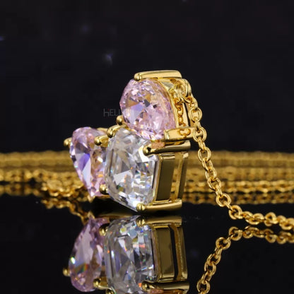 3 Stone Asscher Moissanite & Pear Cut Pink Gemstone Necklace
