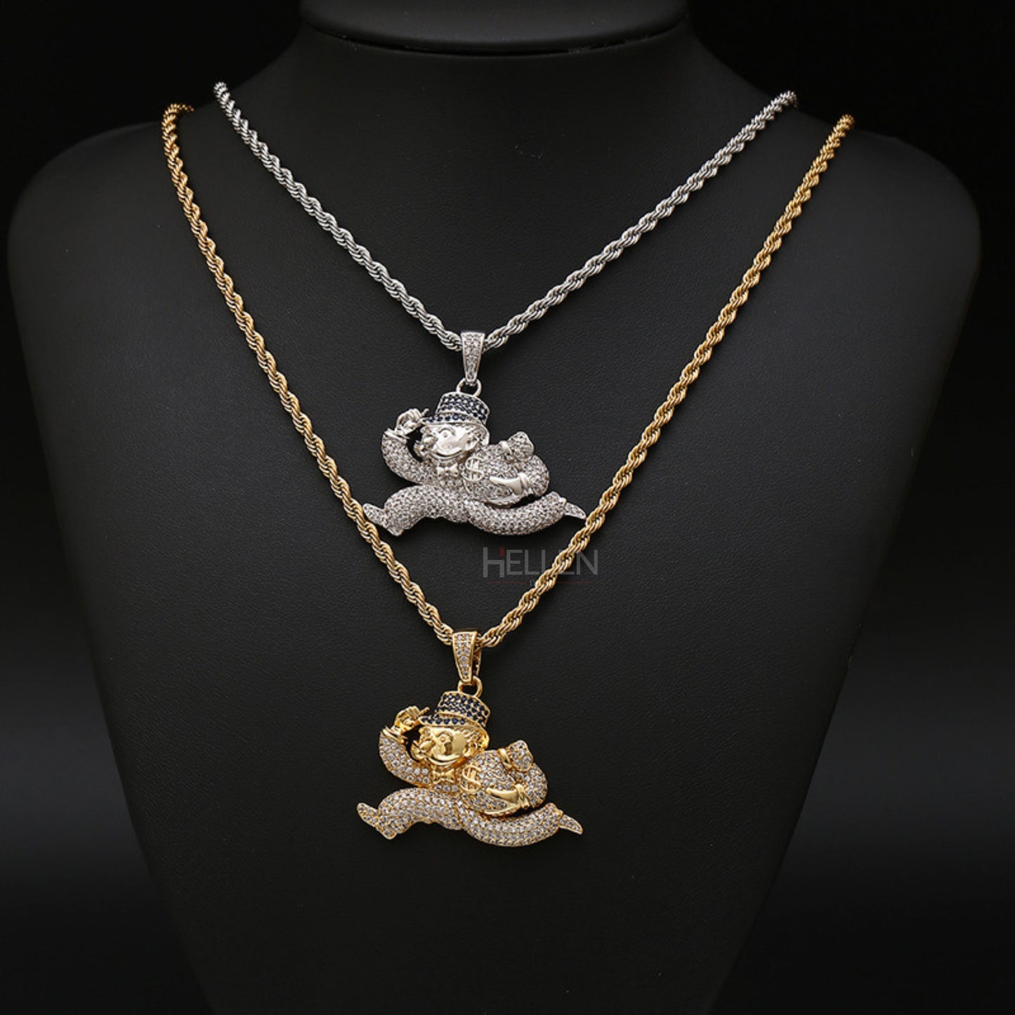 Running Monopoly man pendant iced with moissanite – playful luxury and street-style richness

