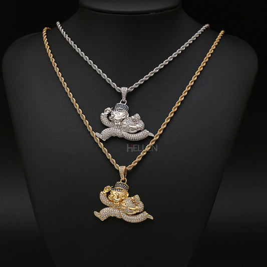 Running Monopoly man pendant iced with moissanite – playful luxury and street-style richness

