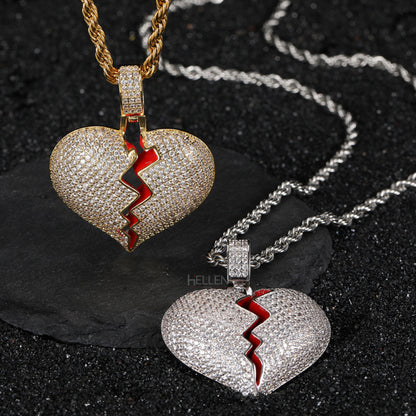 Broke Heart Pendent Necklace With Moissanite Iced-Out