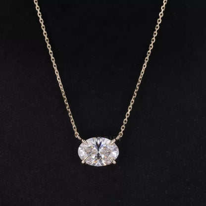 East-west set oval cut moissanite solitaire necklace – modern minimalist pendant with elegant shine