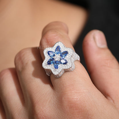 6 Pointed Star Blue Gemstone & VVS Moissanite Bling Ring