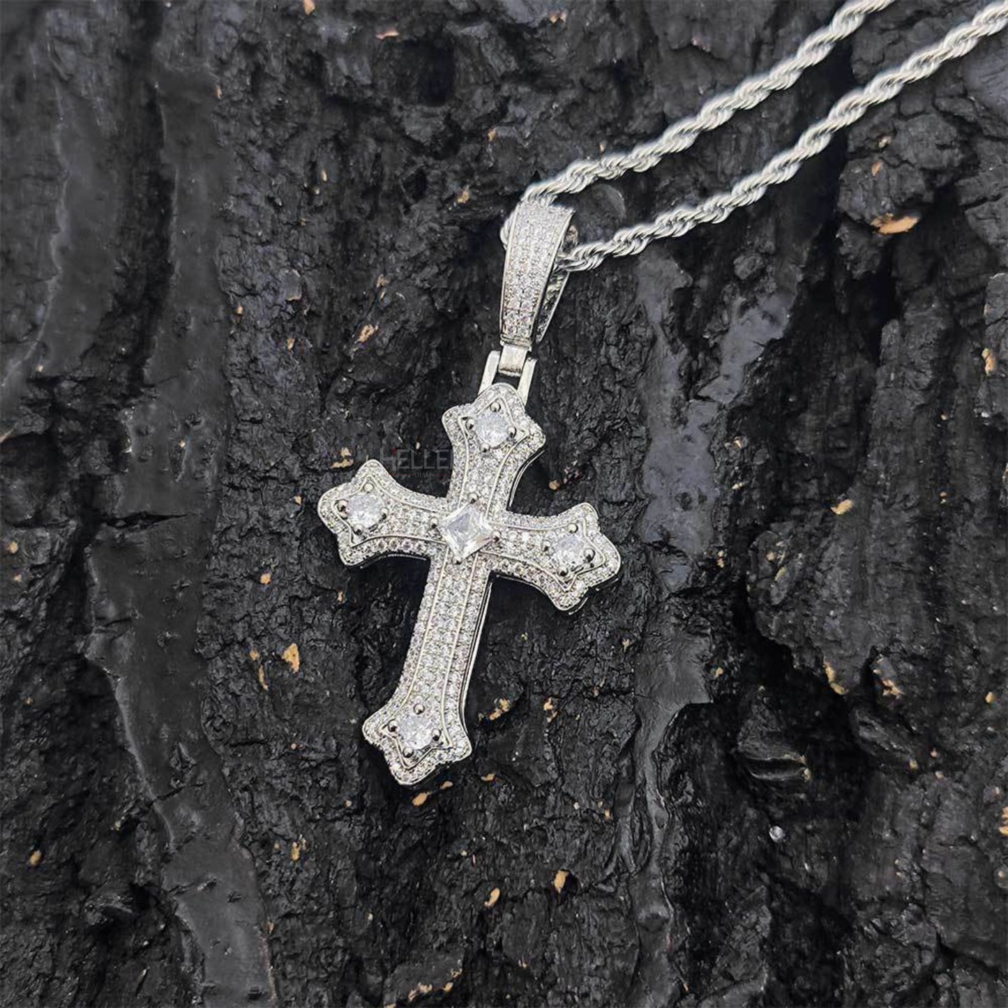 Men's Crossed Round And Princess Cut Moissanite Necklace