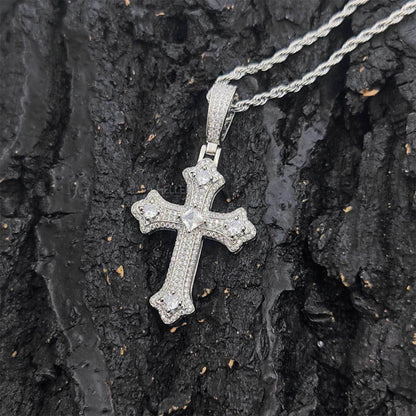 Men's Crossed Round And Princess Cut Moissanite Necklace