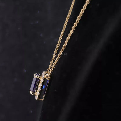 Cushion Cut Blue Sapphire Halo Necklace with Dual Loops & Moissanite