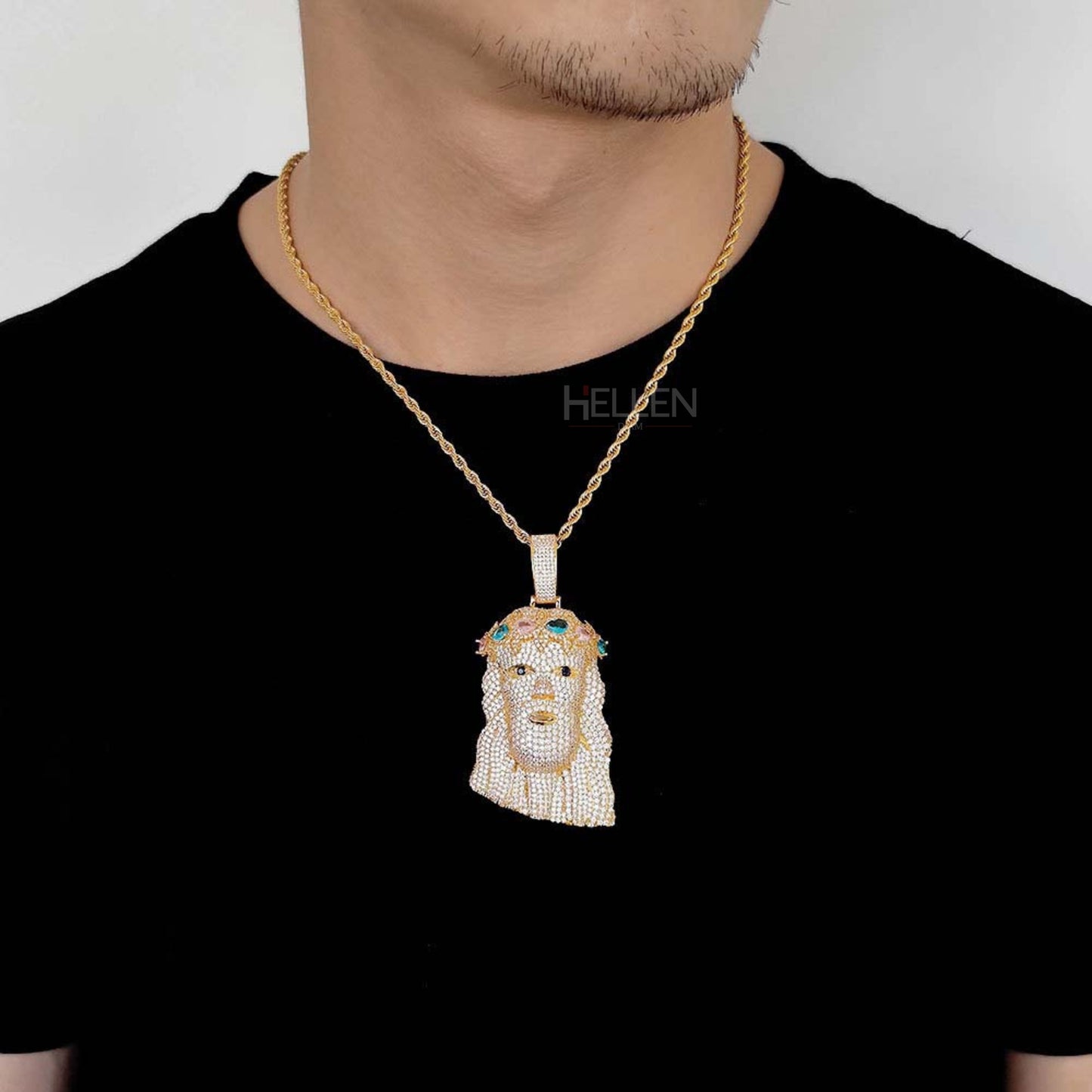 Men's Iced Out Jesus Head Inlaid Gemstone Pendent