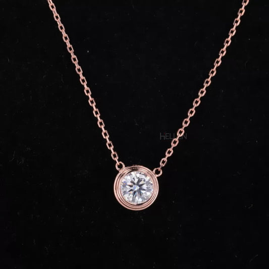 Round cut moissanite solitaire necklace with bezel setting and dual loops – secure and elegant everyday pendant