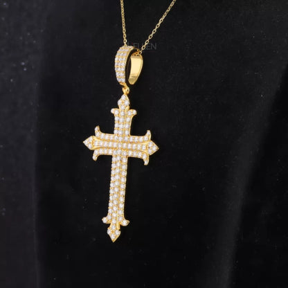 Round Cut Moissanite 3 Line Simple Elegant Cross Necklace