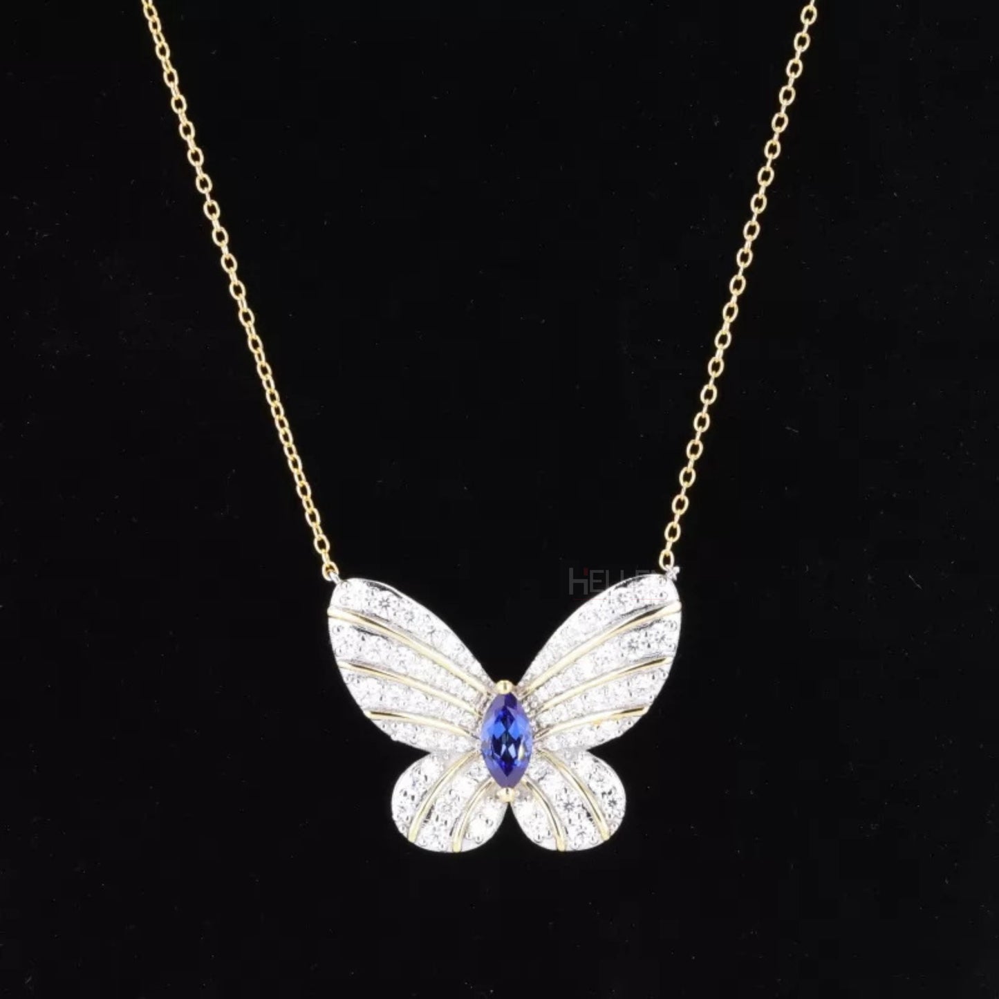 Butterfly necklace with marquise and round moissanite and blue sapphires – vibrant and whimsical sparkle

