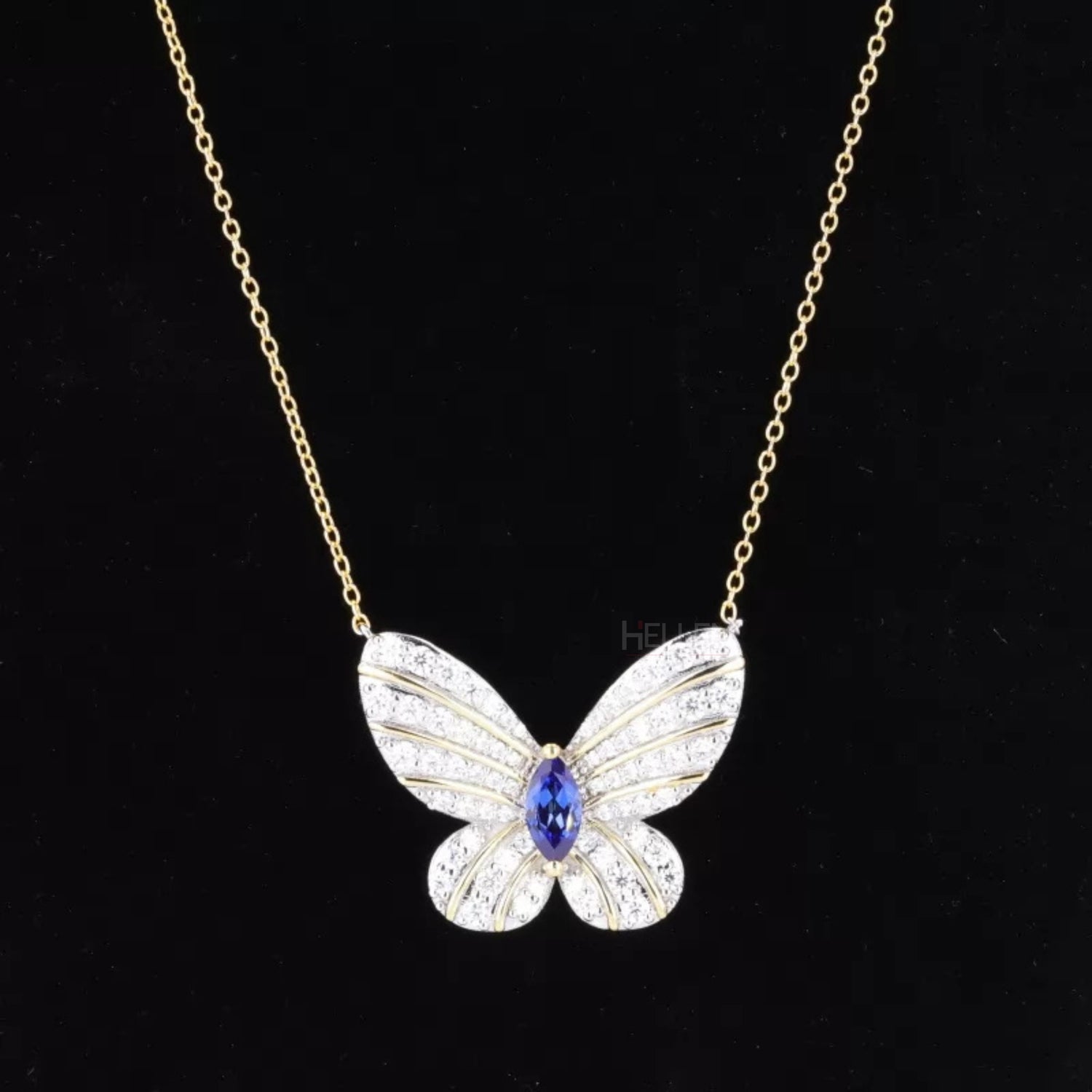 Butterfly necklace with marquise and round moissanite and blue sapphires – vibrant and whimsical sparkle

