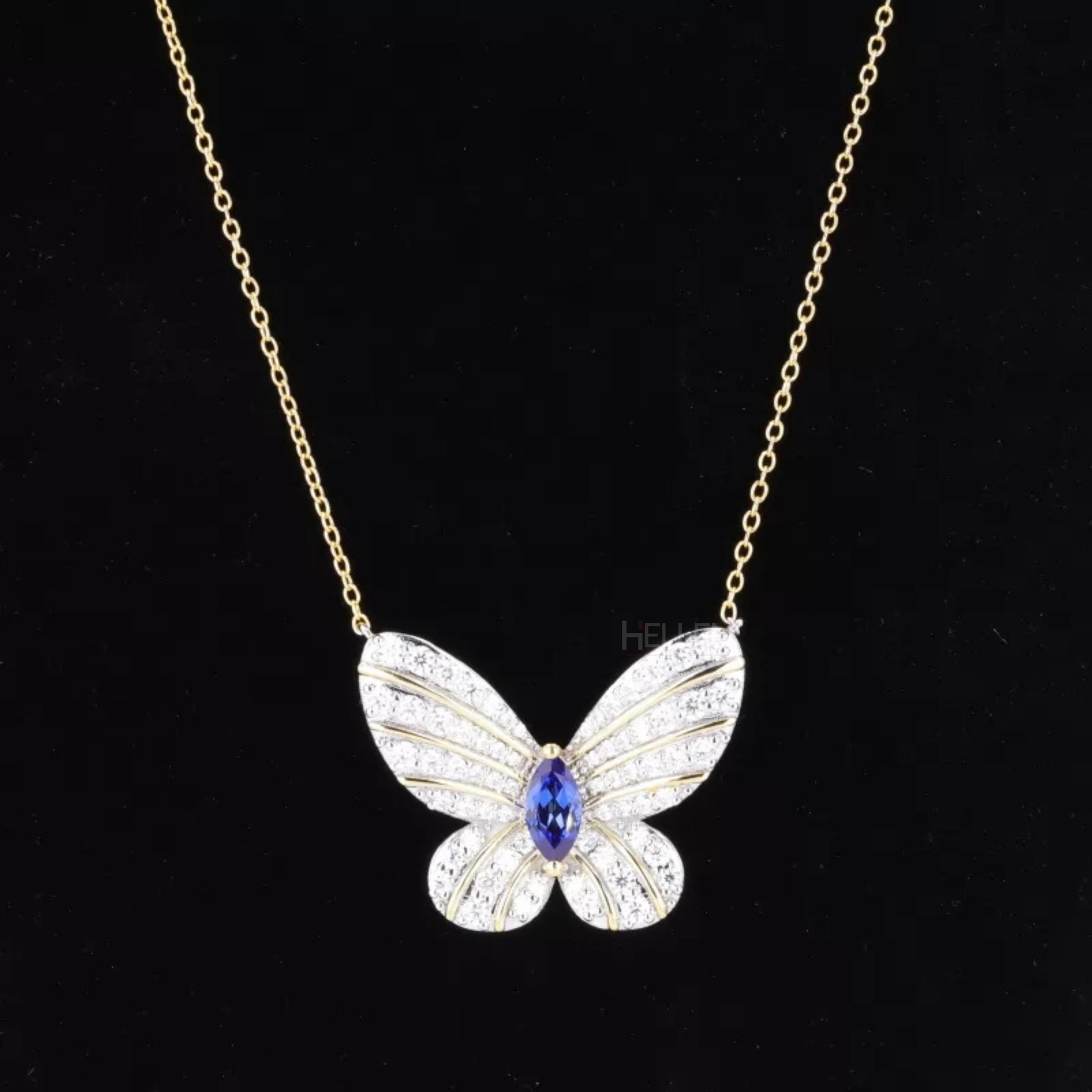 Butterfly necklace with marquise and round moissanite and blue sapphires – vibrant and whimsical sparkle

