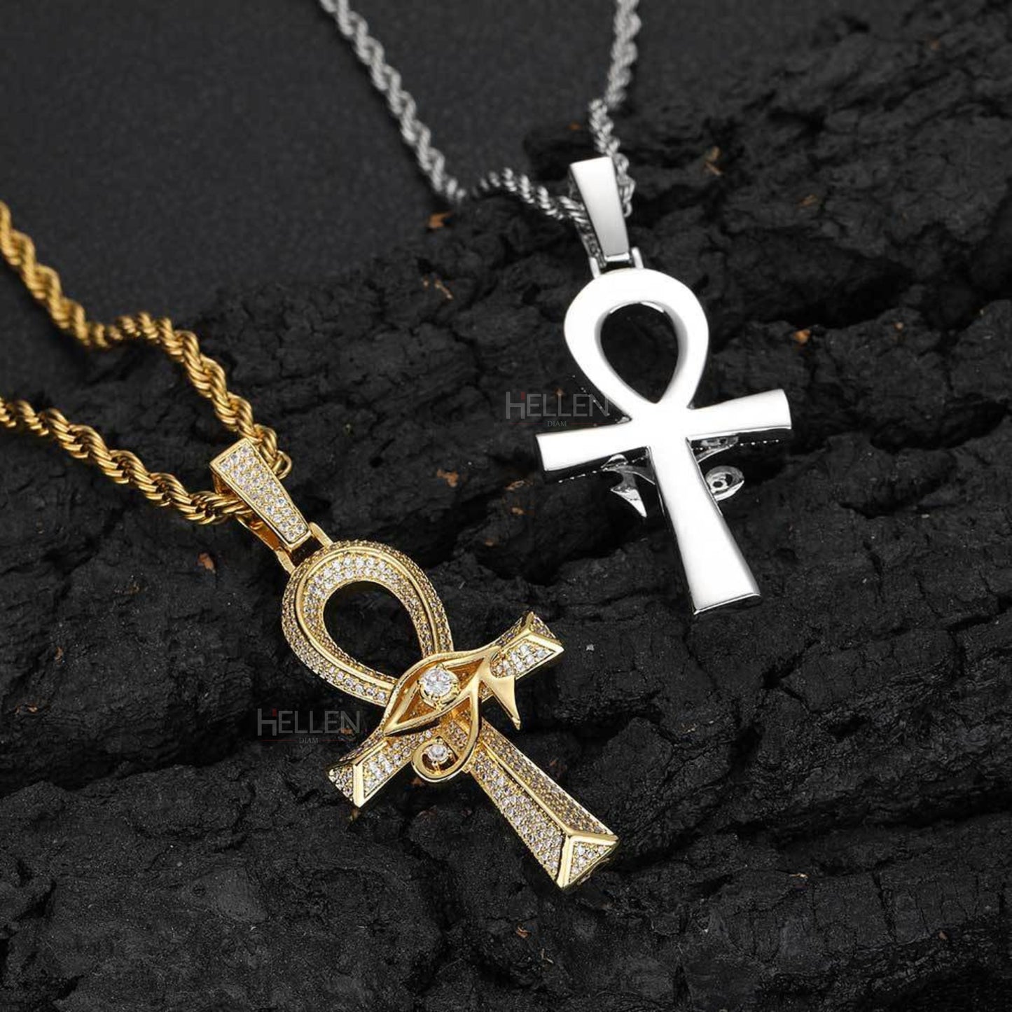 Men's Ankh Cross God Eye Pendant With Round Cut Moissanite
