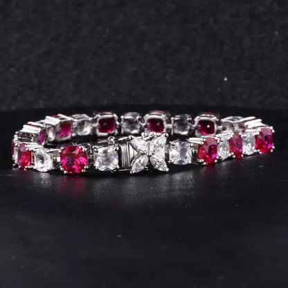 Cushion Cut Ruby & Moissanite Alternating Tennis Bracelet with Lock