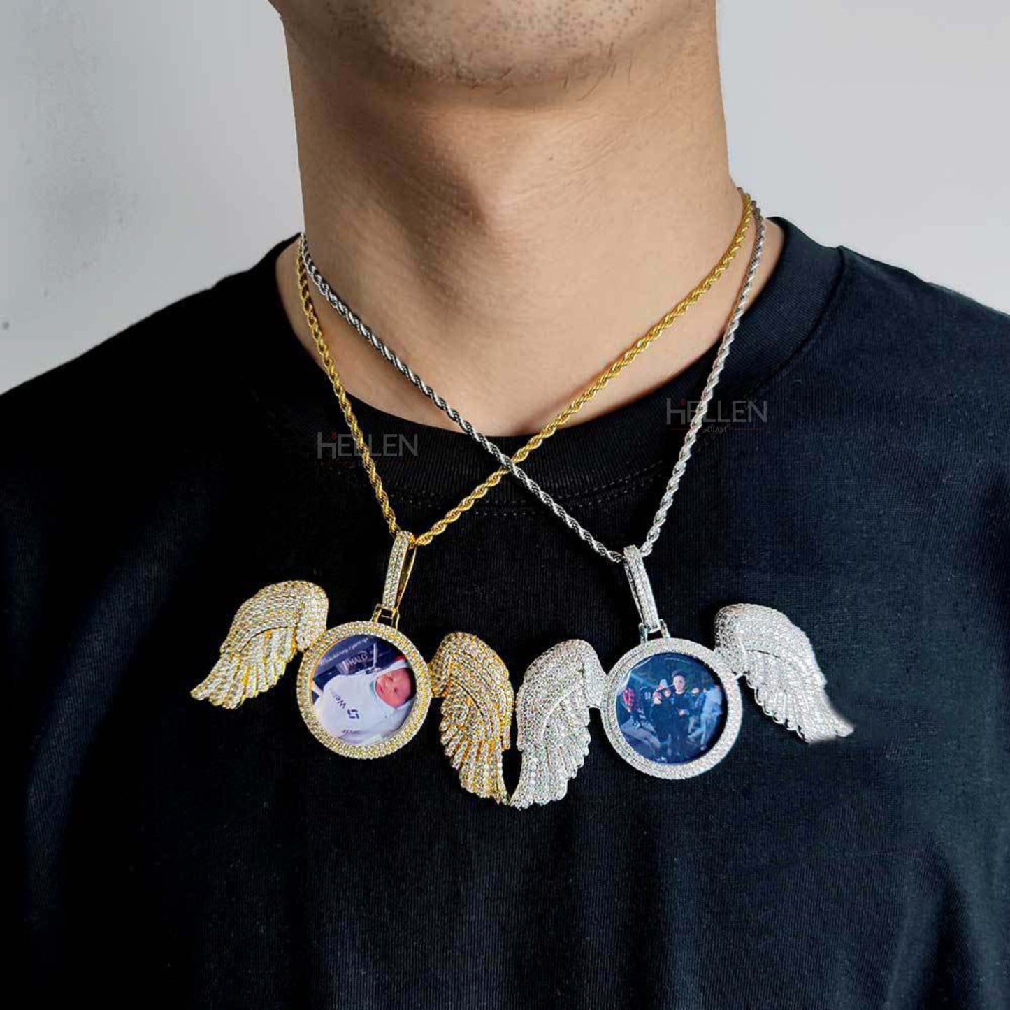 Customized Angel Wings Memory Pendent With Round Cut Moissanite