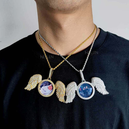 Customized Angel Wings Memory Pendent With Round Cut Moissanite