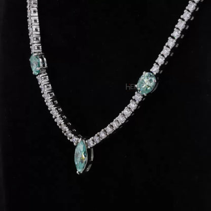 Oval, Marquis & Round Cut Blue-Green Moissanite Tennis Necklace