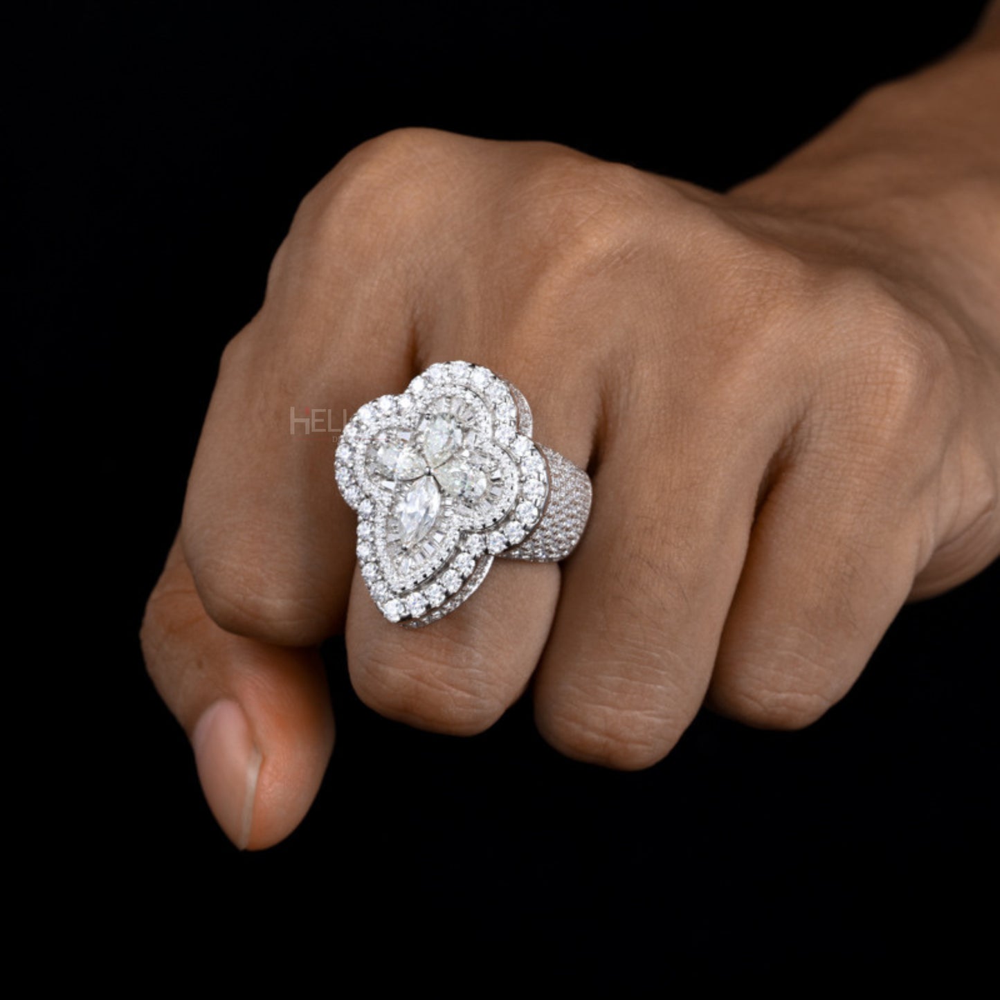 4 Leaf Clover Iced Out Ring With Round, Pear & Baguette Moissanite
