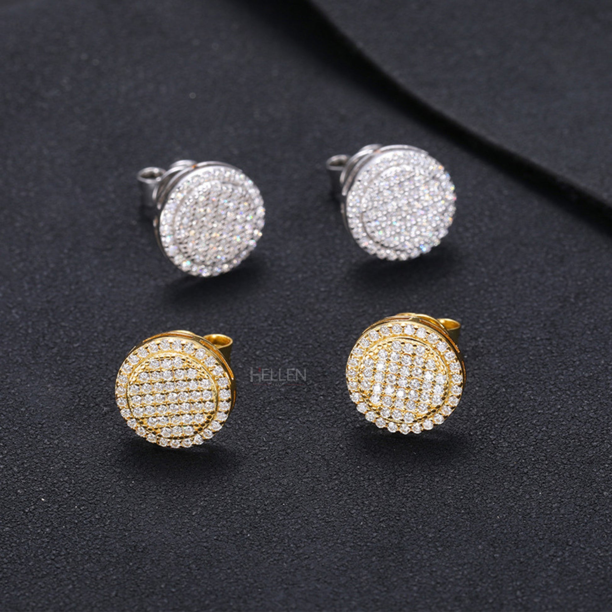 Round stud earrings fully iced with moissanite – bold hip-hop sparkle for everyday bling

