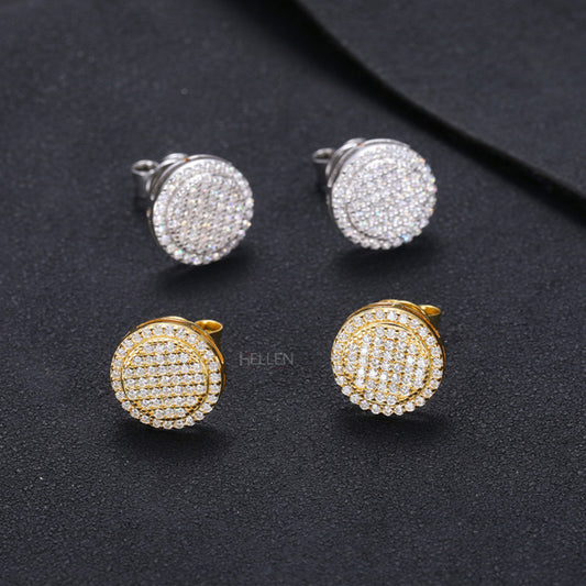 Round stud earrings fully iced with moissanite – bold hip-hop sparkle for everyday bling


