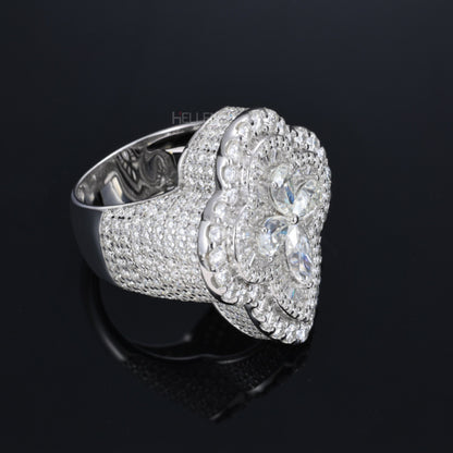 4 Leaf Clover Iced Out Ring With Round, Pear & Baguette Moissanite