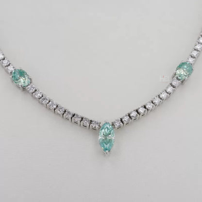Oval, Marquis & Round Cut Blue-Green Moissanite Tennis Necklace