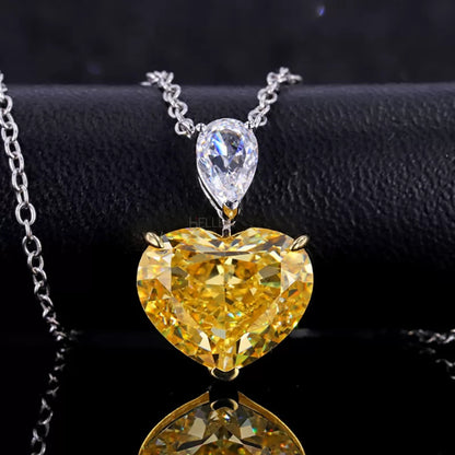 Dual Tone Pear Moissanite & Heart Cut Yellow Sapphire Necklace