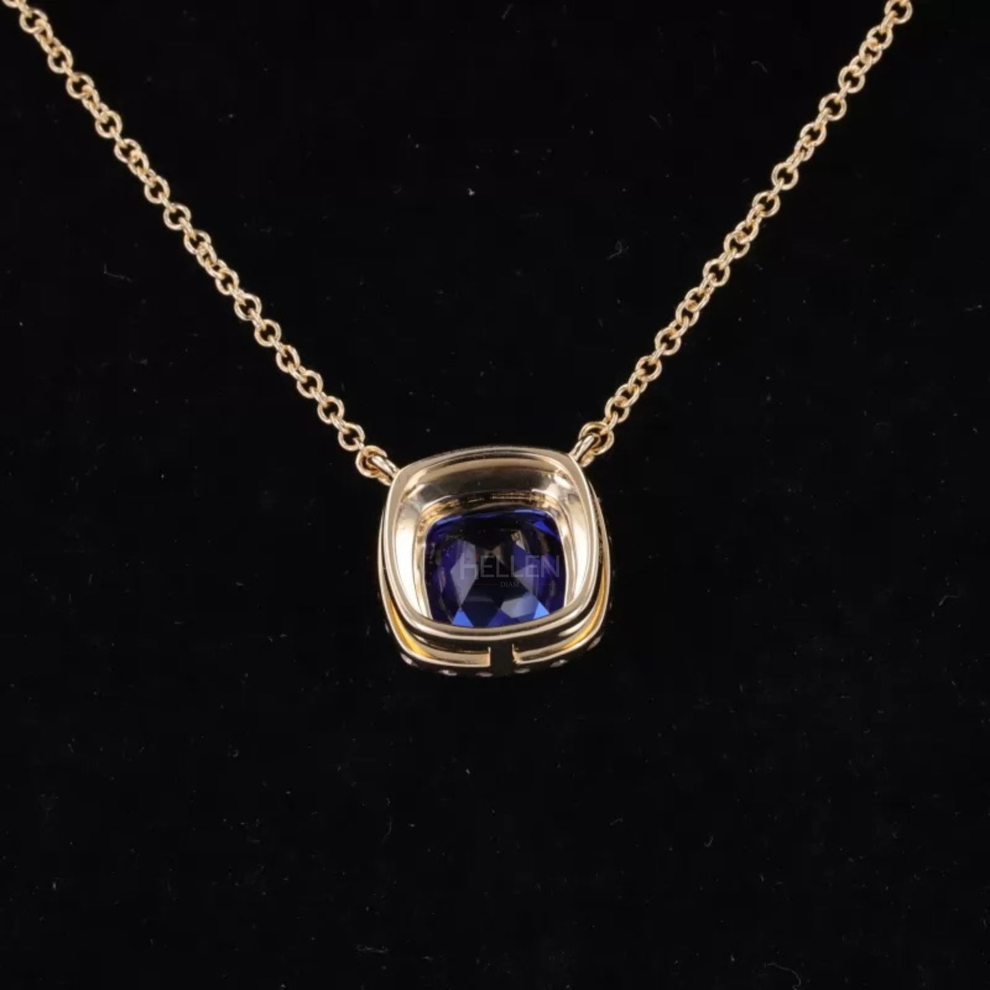 Cushion Cut Blue Sapphire Halo Necklace with Dual Loops & Moissanite