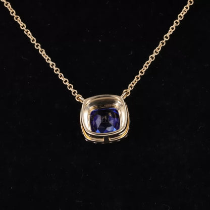 Cushion Cut Blue Sapphire Halo Necklace with Dual Loops & Moissanite