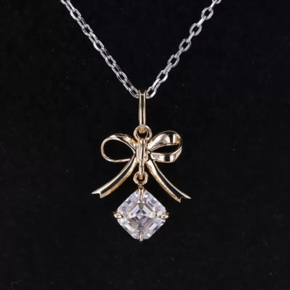 Asscher cut moissanite solitaire pendant with festive bow design – perfect holiday or Christmas gift necklace


