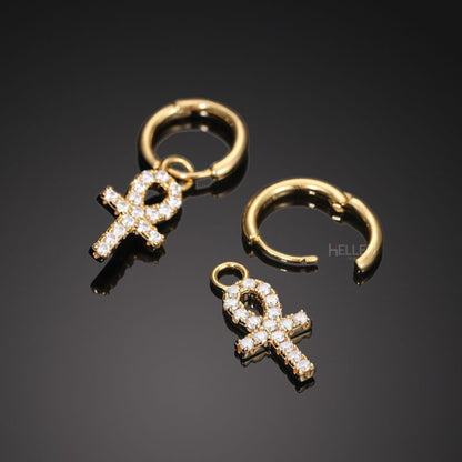 Men's Ankh Cross Dangle Earrings With Round Cut Moissanite