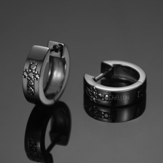 Black hoop earrings with cross-style black moissanite – monochrome shine for bold masculine look


