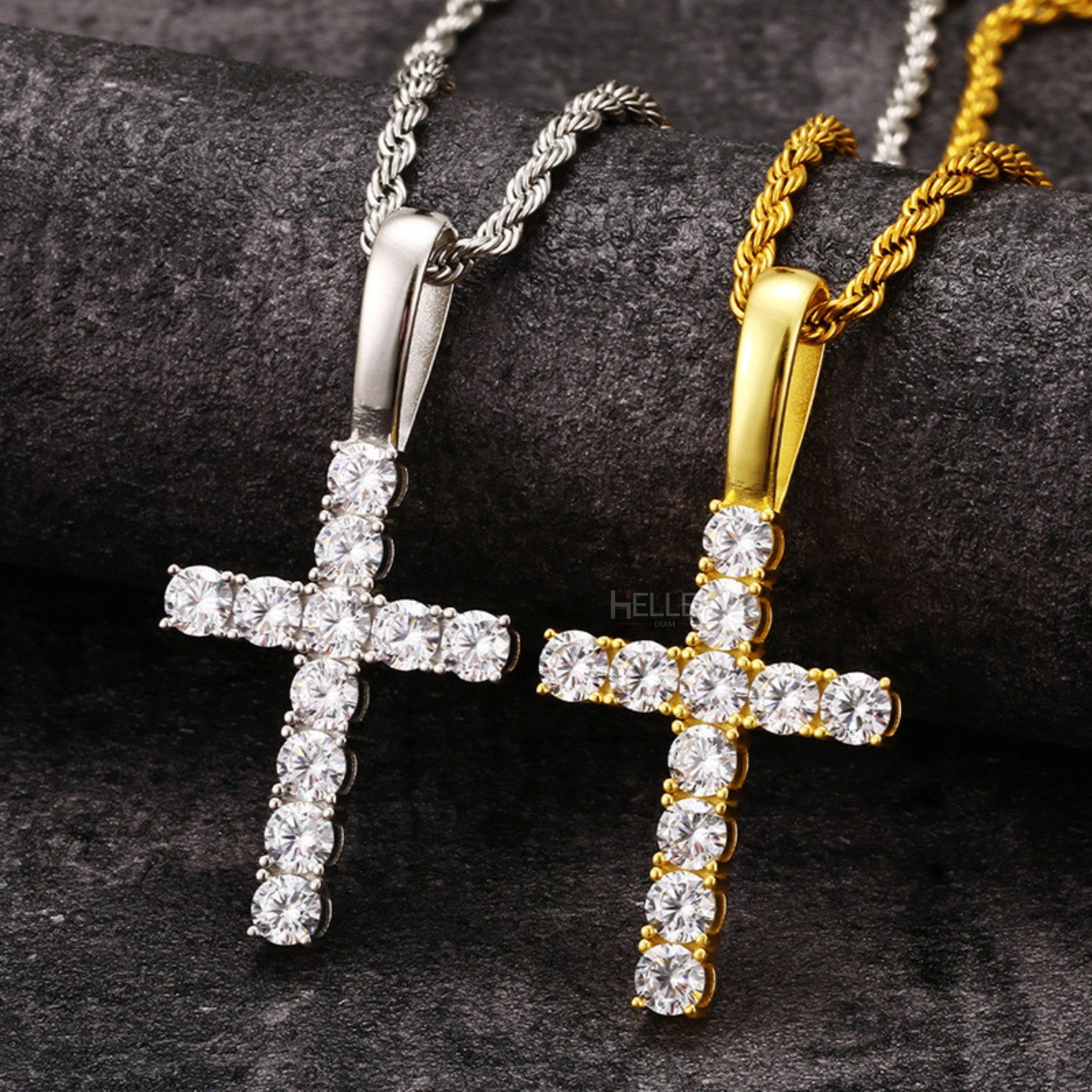 Men’s cross pendant with VVS round cut moissanite – sharp hip-hop bling with flawless clarity

