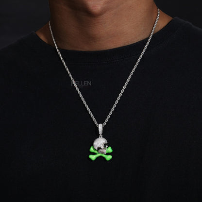Skull And Cross Bone Glow In Dark Iced Out Pendant