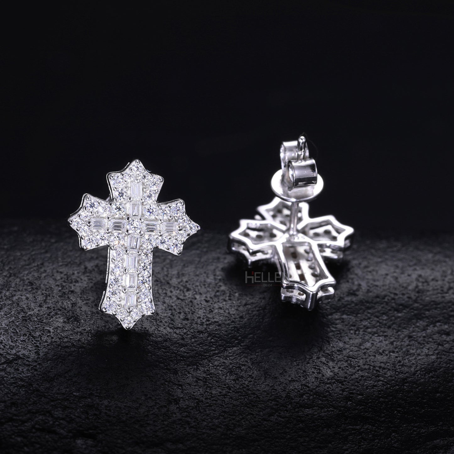 Round And Baguette Moissanite Studded Cross Hip-Hop Studs