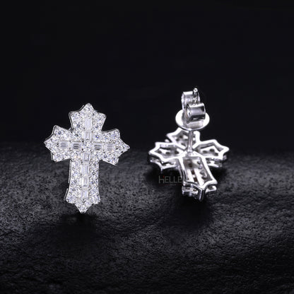 Round And Baguette Moissanite Studded Cross Hip-Hop Studs
