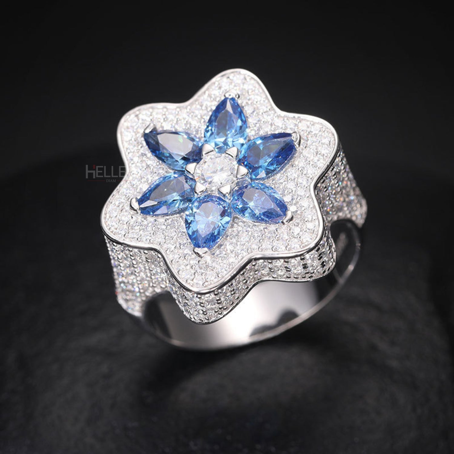 Six-pointed star hip-hop ring with blue gemstone and VVS moissanite – eye-catching design for men

