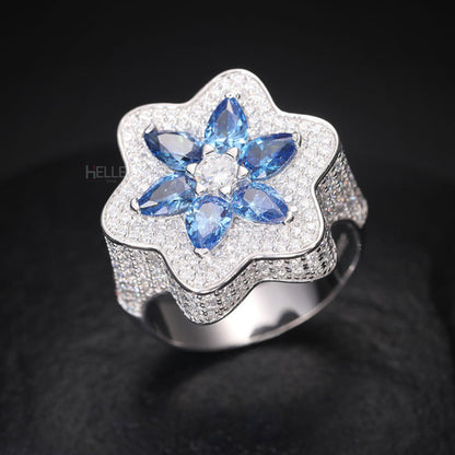 Six-pointed star hip-hop ring with blue gemstone and VVS moissanite – eye-catching design for men

