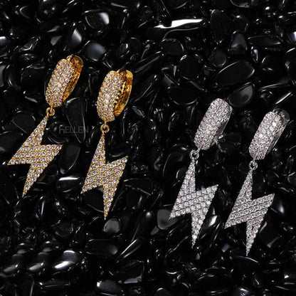 Lightning bolt hanging hoop earrings with moissanite – bold, edgy sparkle in a modern statement style

