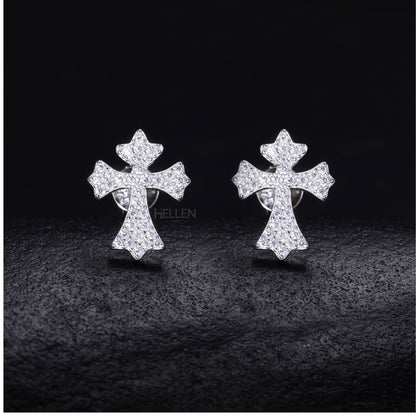 Elegant Round Cut Moissanite Studded Cross Hip-Hop Studs