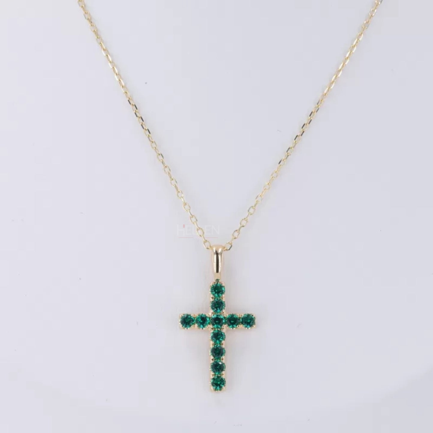 Green Round Cut Emerald Gemstone Cross Necklace for Gift