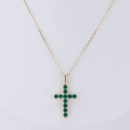 Green Round Cut Emerald Gemstone Cross Necklace for Gift
