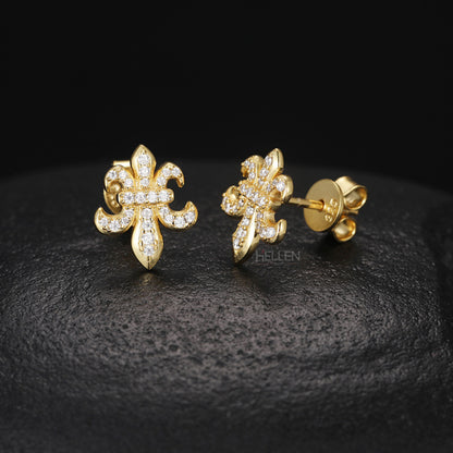 Fleur de Lis hip-hop studs for men with moissanite accents – regal styling meets iced-out shine

