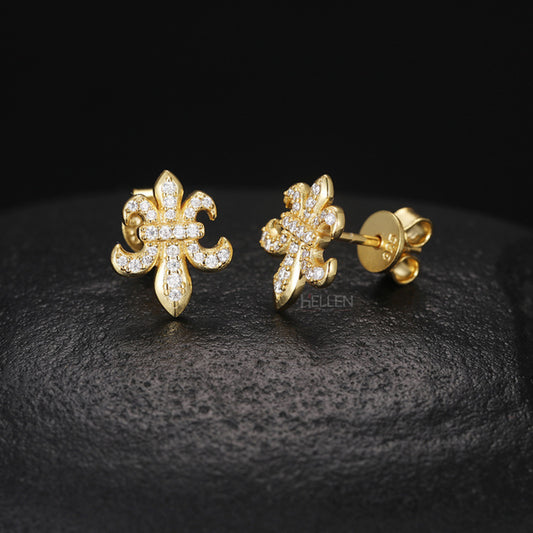 Fleur de Lis hip-hop studs for men with moissanite accents – regal styling meets iced-out shine

