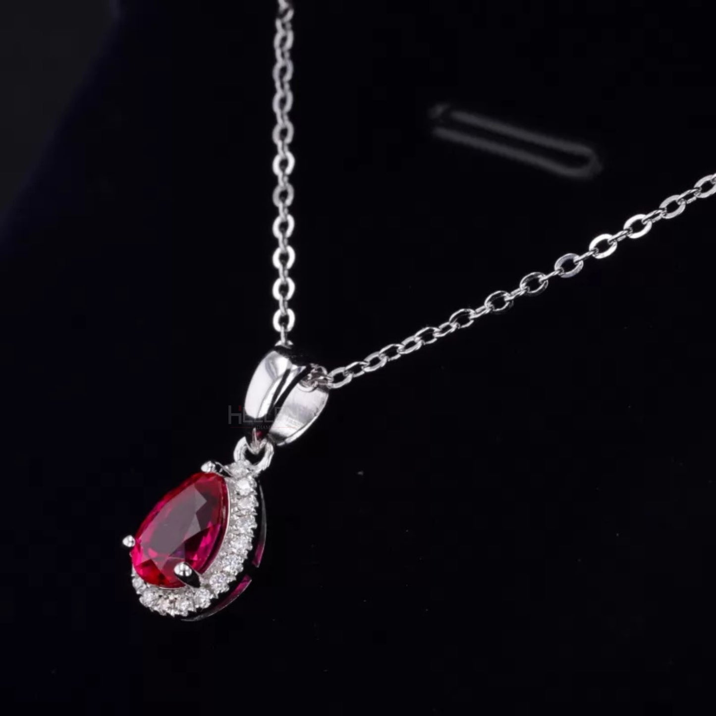 Pink Pear Cut Red Ruby Halo Necklace With Colorless Moissanite