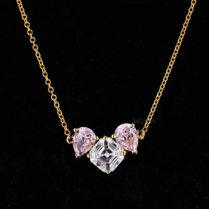 3 Stone Asscher Moissanite & Pear Cut Pink Gemstone Necklace