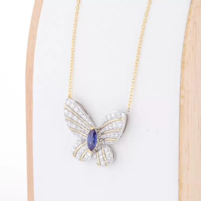 Butterfly Blue Sapphire Marquis & Round Cut Moissanite Necklace