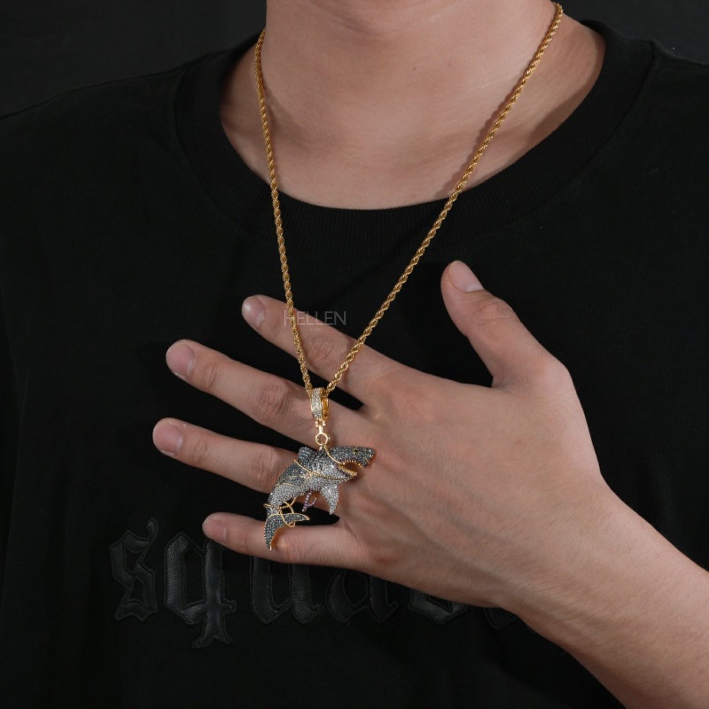 Iced Out Haunted Shark Pendant With Rope Chain