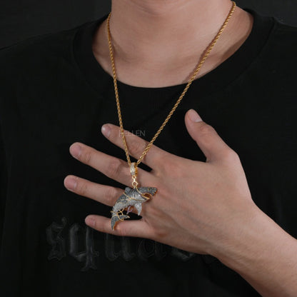 Iced Out Haunted Shark Pendant With Rope Chain